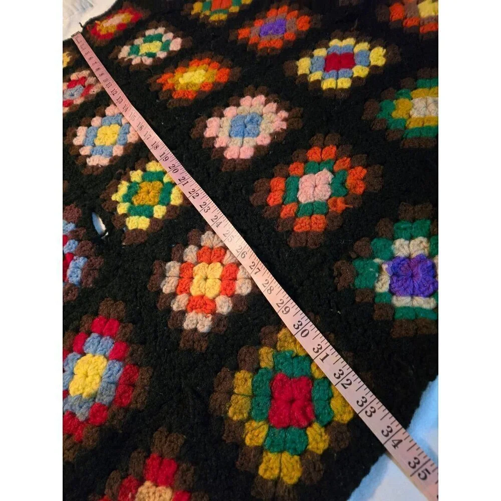 Vintage 1970s Handmade Grannysquare Colorful Hippie Throw Blanket Black